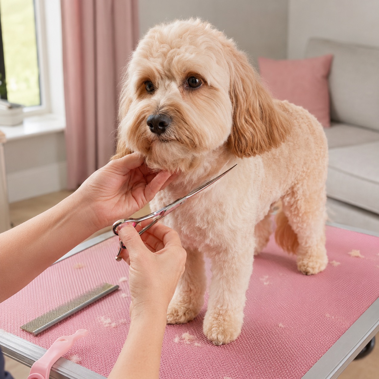 Danielle scissoring the chin of a cream doodle standing on a pink grooming mat in a Metro Detroit living room